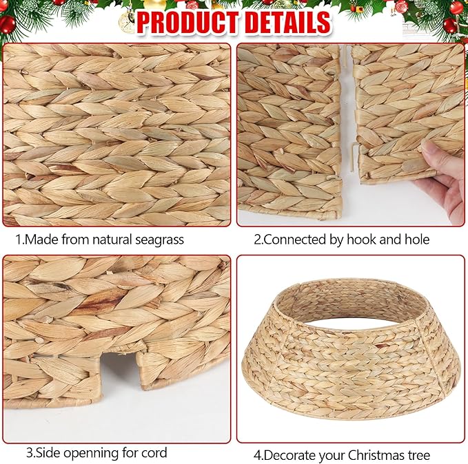 Christmas Tree Collar 24'' D Handmade Hyacinth Tree Collar Basket Rattan Wicker Christmas Woven Tree Ring Stand Base Cover for Christmas Holiday Decoration-Round Natural