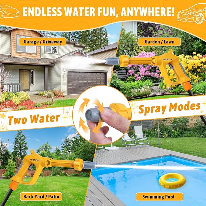 Kids Clean Car Wash Toy - Kids Power Washer with Scraper Sponge Towel, Manual Pressure, Adjustable Water Gun Spray, Pretend Play Tools Role Playing Cleaning Toys Gift for Toddler Boys Girls Ages 3+