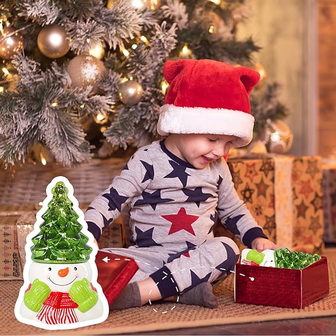 Small Ceramic Christmas Tree Hand-Painted Vintage Tabletop Christmas Tree Holiday Decoration with Multi-Color Lights Green Xmas Trees Snowmen 8.75inch