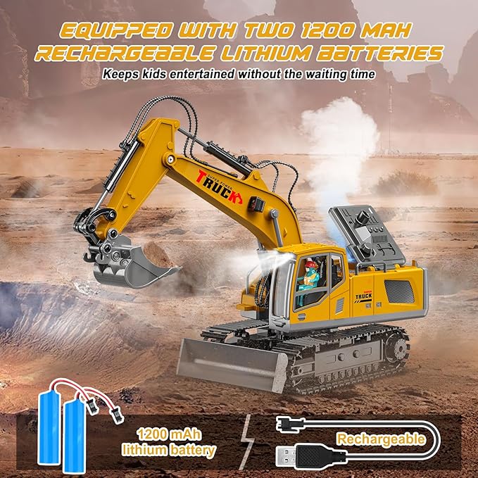 Remote Control Excavator Toys for Ages 6-12 Boys, 13 Channel RC Excavator Construction Toys with Metal Shovel, Spray, Lighting, Sounds, Birthday Gifts for Kids 5-7 8 9 10 11 Year Old