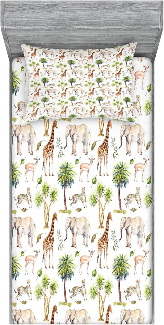 Ambesonne Watercolor Elephant Fitted Sheet & Pillow Sham Set, Wild Animals Giraffe Cheetah Antelope Savannah Palm Trees Tropic, Decorative Printed 2 Piece Bedding Decor Set, Twinxl, Green Pale Brown