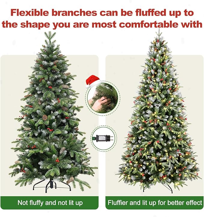 6Ft Pre-Lit Artificial Christmas Tree Fully Pre-Decorated with 1593 Flocked Frosted Tips, 60 Berries, 60 Pine Cones, 350 Lights, Realistic Xmas Tree with Metal Hinges& Floded Stand