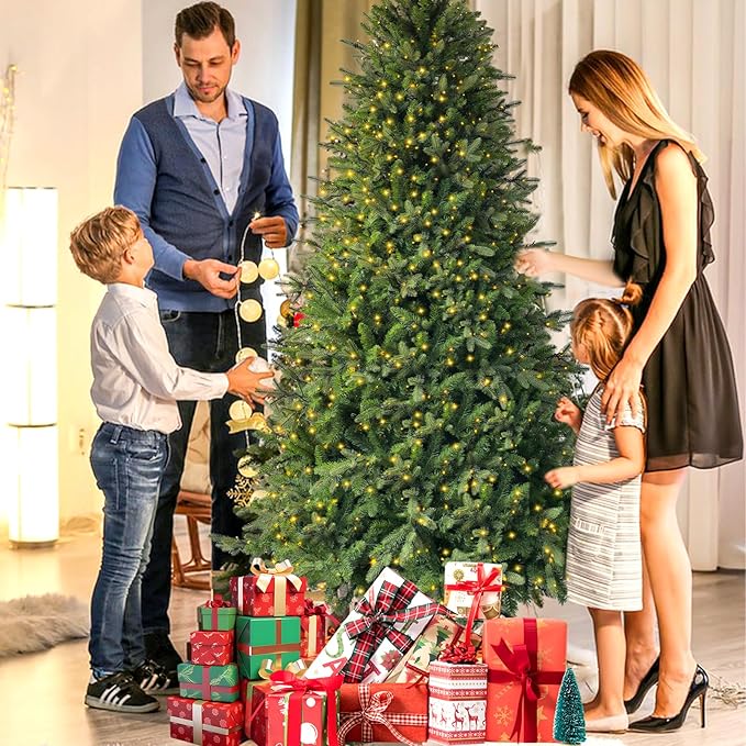 7.5ft Prelit Christmas Tree with 798 Warm White & Multi-Color LED Lights 1900 Branch Tips 3-Minute Quick Power Connect Pencil Xmas Tree for Holiday Decor Home and Party