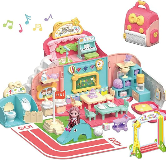 iPlay, iLearn Backpack Dollhouse Playset for Girls 3-5, Kids Pretend Play Doll House Set W/ Portable Backpack, Dolls, School Accessories, Birthday Gifts for 4 5 6 Year Olds Children Toddlers