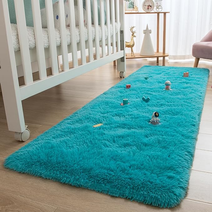 2x6 Blue Fluffy Bedside Runner Rug Machine Washable, Shag Throw Bedroom Rugs Non Slip, Hallway Small Area Long Plush Carpet for Nursery, Kid Boy Girl Room
