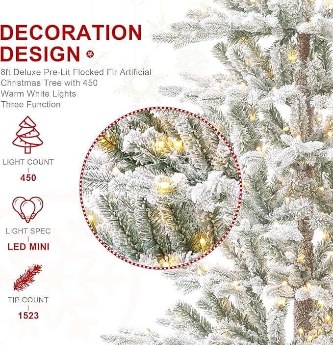 Glitzhome 8ft Prelit Christmas Tree, Artificial Christmas Tree with 450 Warm White Lights, Majestic Frostfall Fir Deluxe Flocked Christmas Tree w/1523 PE&PVC Branch Tips(Three Function)