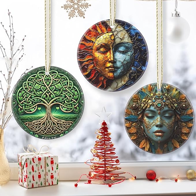 3.5 Inch Ceramic Christmas Tree Ornament, Sun and Moon Christmas Ornaments, Heirloom Keepsake, Gift Exchange, Gift Idea, Bauble Present