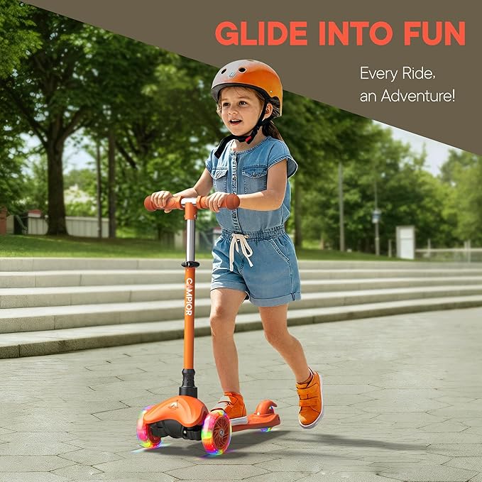 Orange Mini 3 Wheel Scooter for Kids – Lean-to-Steer with LED Light-Up Wheels, Adjustable Handlebar, Wide Anti-Slip Deck, Smooth PU Wheels, Rear Foot Brake – Toddler Scooter for Ages 2+