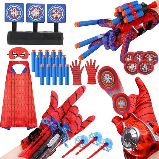 3 Sets Spider Web Shooters Wrist Launcher Toys with Hero Gloves Auto Resetting Boards Spider Cape and Mask Cosplay Costume for Kids Halloween Christmas Birthday Party Present for Boys Girls