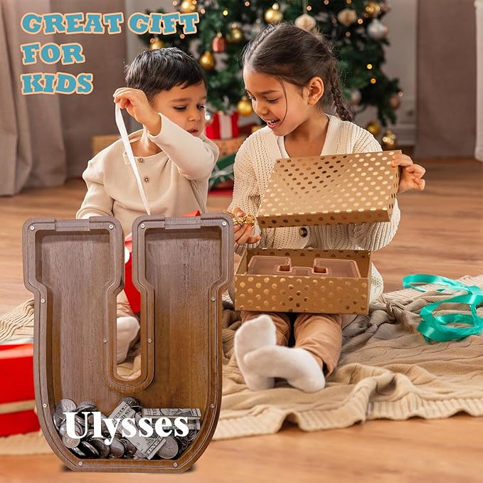 Personalized Wooden Letter Piggy Bank for Kids Larger Letter Piggy Bank for Boys and Girls Initial Coin Bank Customized Piggy Bank Perfect Wood Kids Money Bank for Birthday and Festival