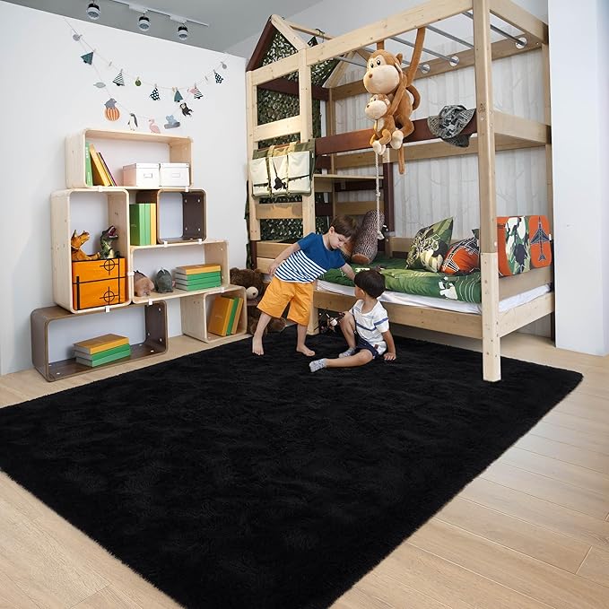 6x9 Fluffy Soft Black Rug for Living Room Bedroom, Large Area Rugs Super Soft Shaggy Carpet for Classroom Kids Babys Playroom Toddler Nursery Dorm Home Decor, Modern Indoor Non Slip Rug