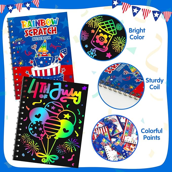 Party Favors for Kids: 24 Pack 4th of July Rainbow Scratch Art Notebook Classroom Supplies Bulk for Girls Boys Goodie Bags Stuffers, Independence Day Party Gift Kid Crafts
