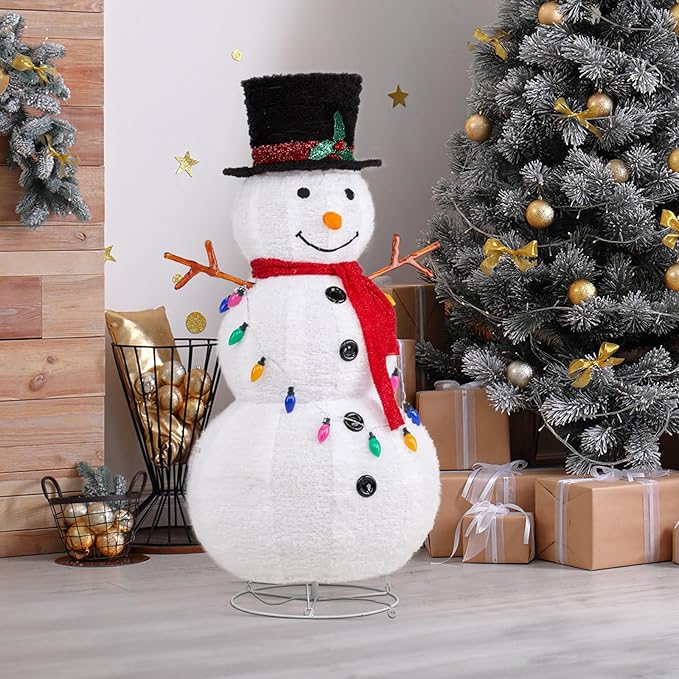 Outvita Outdoor Christmas Decorations 4ft Lighted Snowman, White Snowman with Twinkle Lights Red Scarf Black Hat & Colorful Lights, Foldable Snowman for Xmas Indoor and Outdoor Garden, Yard Decor