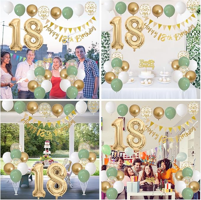 18th Birthday Decorations - Happy 18th Banner, Cake Topper, Foil Balloons in Sage Green, White, Gold for 18 Year Old Party