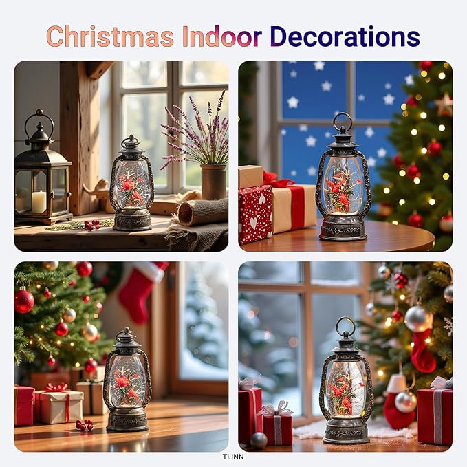 12" Christmas Snow Globe Lantern, Red Bird Music Box, Spinning Snowflake Glitter Water Lamp, USB and Battery Powered Christmas Decoration