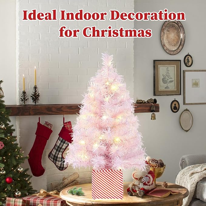 Brightever 2FT Small Christmas Tree, Prelit Pink Mini Christmas Tree with 50 Multi-Color LED Lights, Unique Gift Box Base, Battery Powered Little Xmas Tree for Bedroom