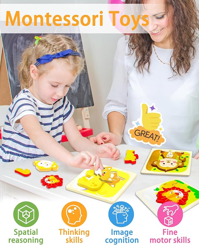 Wooden Puzzles Toddler Toys for 1 2 3 Year Old Boy Girl, 4 Packs Animal Toddler Puzzles Preschool Educational Learning Montessori Toys Age 1-3, 2-4 Christmas Birthday Gifts