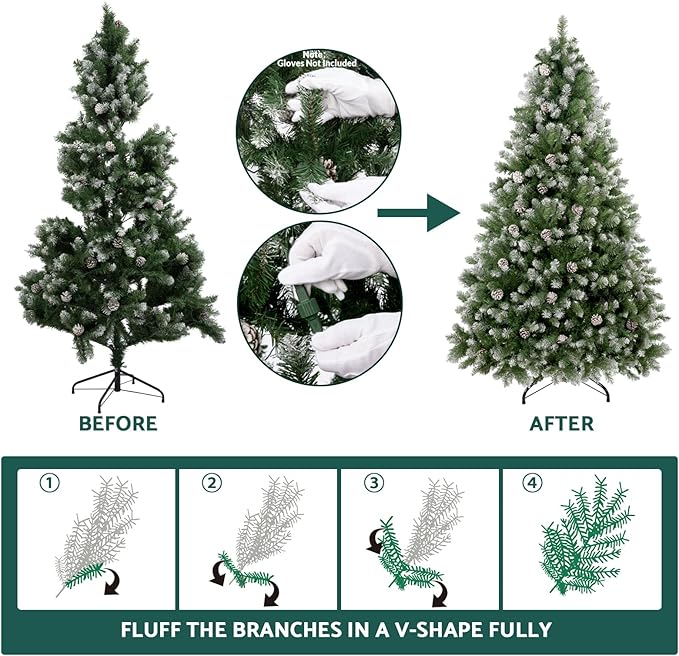 Annecy 6ft Pre-Lit Pre-Decorated Pine Hinged Artificial Full Spruce Christmas Tree w/ 970 Flocked Branch Tips, 60 Pine Cones, 250 Warm White & Multi-Color Lights for Home, Office Decoration,Metal Base