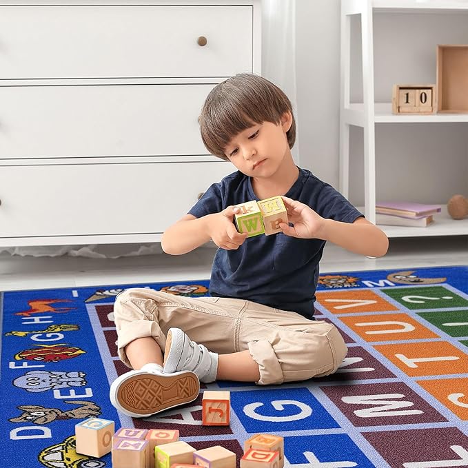Ottomanson 5' x 6'6" Alphabet Kids Rug - Educational ABC Play Mat for Playroom, Bedroom, Daycare & Classroom - Fun & Interactive Learning Carpet - Durable & Non-Slip for High-Traffic Areas, Blue