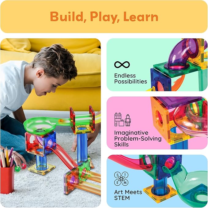 PicassoTiles Magnetic Marble Run Marbles for Kids Race Track Toy Set Marble Maze Sensory Toys for Toddlers STEM Educational Magnet Building Blocks Construction Building Tiles Boys Girls 3+
