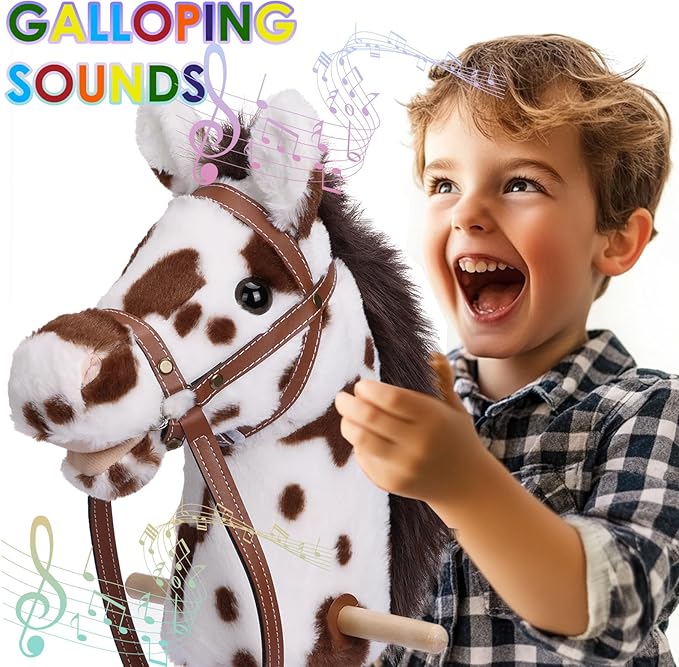 Stick Horse with Realistic Sound Effects, Hobby Horse, Wooden Pole, Handle, and Wheels, 38 Inch Tall Horse Toys Gift for Kids Toddlers 3 and Up, Black (AA Batteries Required)