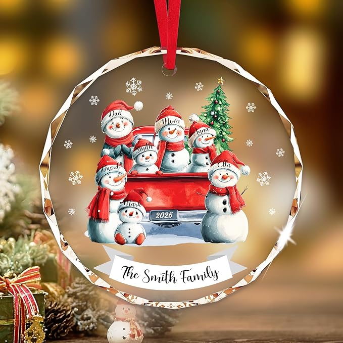 Personalized Christmas Ornaments - Family of 2,3,4,5,6,7,8 Snowman Red Truck Family Christmas Ornament 2025, Custom Name Gift, Holiday Xmas Tree Decoration