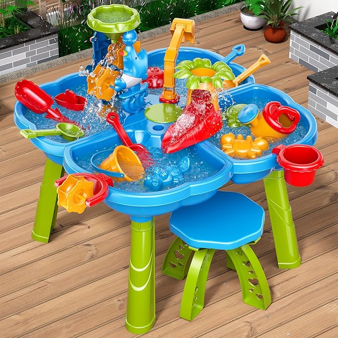3-Tier Water Table for Kids Ages 3-5 4-8, Toddlers Outdoor Summer Water Table Beach Toys, Kids Activity Sensory Table Toddler Sand Box Play Table with Rain Showers Splash Pond for Boys Girls