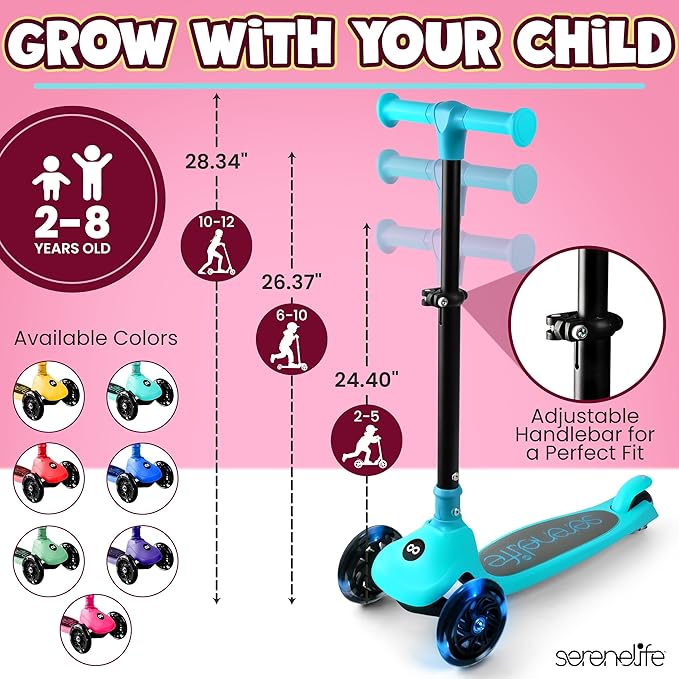 SereneLife 3 Wheel Foldable Kids Scooter - Foldable Seat, LED Wheel Lights, Adjustable Handlebar, Rear Foot Brake, Lean-to-Steer, Anti-Slip Deck, Ideal for Toddlers Kids 3+, up to 110Lbs