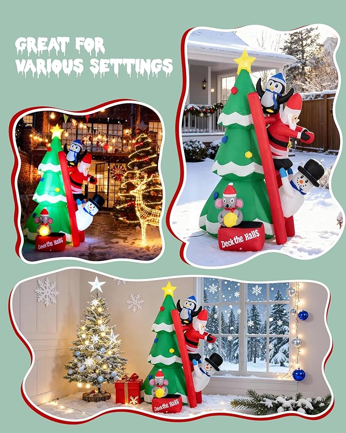 6FT Inflatable Christmas Tree with LED Lights, Blow Up Christmas with Penguin Snowman Santa and Mouse Outdoor Yard and Indoor Holiday Decor for Patio Garden Lawn
