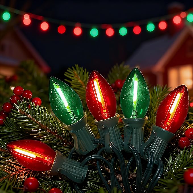 Abeja 25Ft Christmas Lights Multicolor, C7 Red Green Vintage Christmas Lights with 27 Glass Bulbs, Hanging Outdoor String Lights for Holidays, Christmas Prom Party Wedding Decor, Red/Green