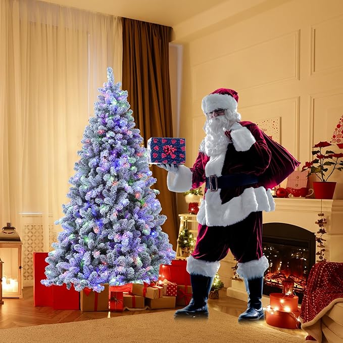 Flocked Christmas Tree, Prelit Christmas Tree 6 ft, Christmas Trees Prelit with 10 Function Warm & Colorful Lights, Easy Assembly Artificial Christmas Trees with Lights & Realistic Branch Tips