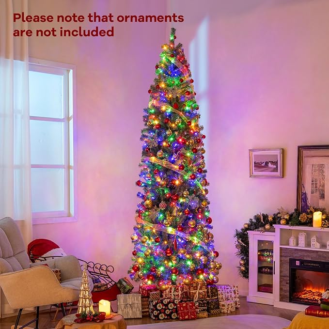 GOFLAME 9FT Pre-Lit Pencil Christmas Tree, Hinged Artificial Xmas Tree with 1168 Branch Tips, 500 LED Lights, 9 Lighting Modes & Folding Metal Stand, Slim Holiday Decoration Tree for Home Party