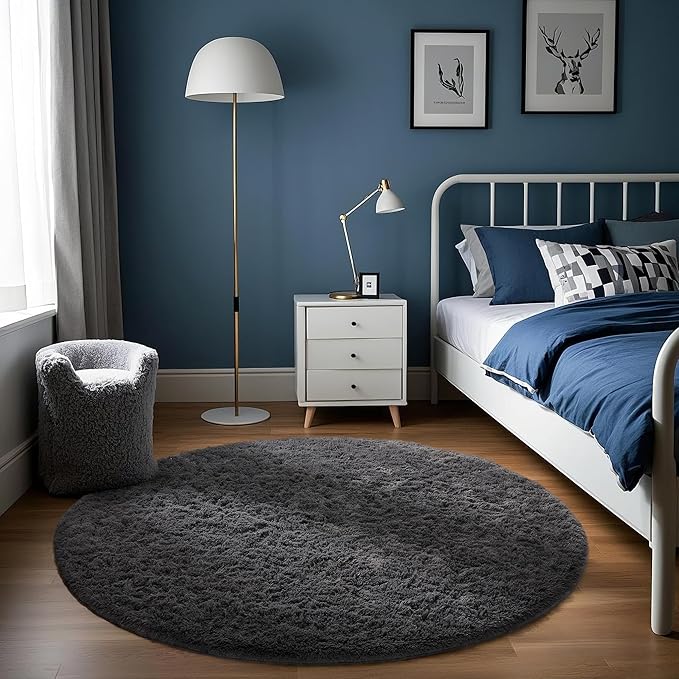 Ophanie Round Rug 4Ft Grey Circle Area Rug, Fluffy Fuzzy Bedroom Carpet, Plush Soft Shaggy Indoor Floor Gray Living Room Rugs for Kids Home Decor Aesthetic, Nursery