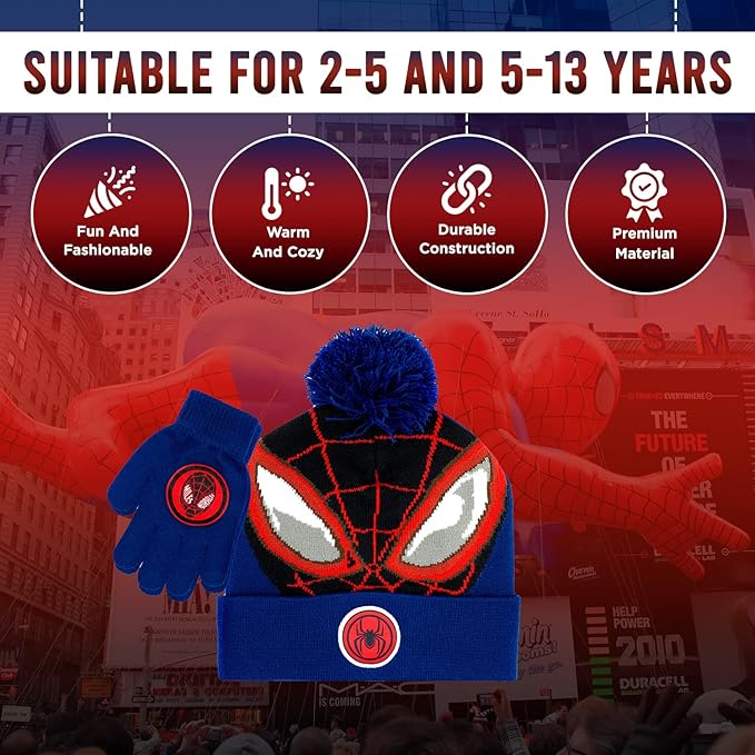 Marvel Spider-Man Kid’s Winter Hat and Snow Gloves for Boys and Toddlers, 2 Pc. Set, Pom-Pom Beanie with Warm Mittens
