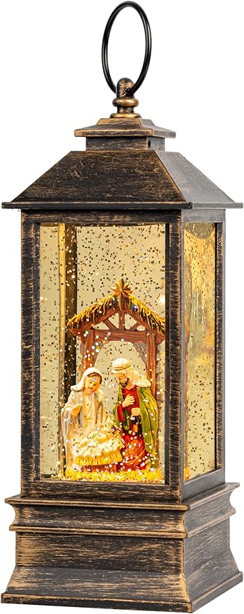 10'' Musical Snow Globe Lantern Lighted Nativity Manger Scene Water Lantern Swirling Glittering Home Decoration and Gift, Battery Operated or USB Powered