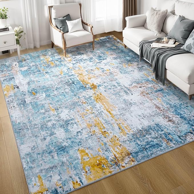 Ompaa Living Room Rug 6x9 Blue Area Rug Machine Washable Boho Rug Non Slip Abstract Vintage Indoor Large Rugs for Bedroom, Classroom, College Dorm, Farmhouse, Dining Room, Kids Playroom