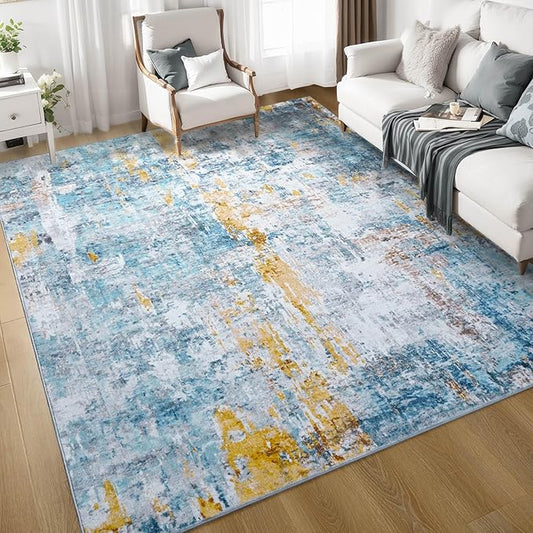 Ompaa Living Room Rug 6x9 Blue Area Rug Machine Washable Boho Rug Non Slip Abstract Vintage Indoor Large Rugs for Bedroom, Classroom, College Dorm, Farmhouse, Dining Room, Kids Playroom