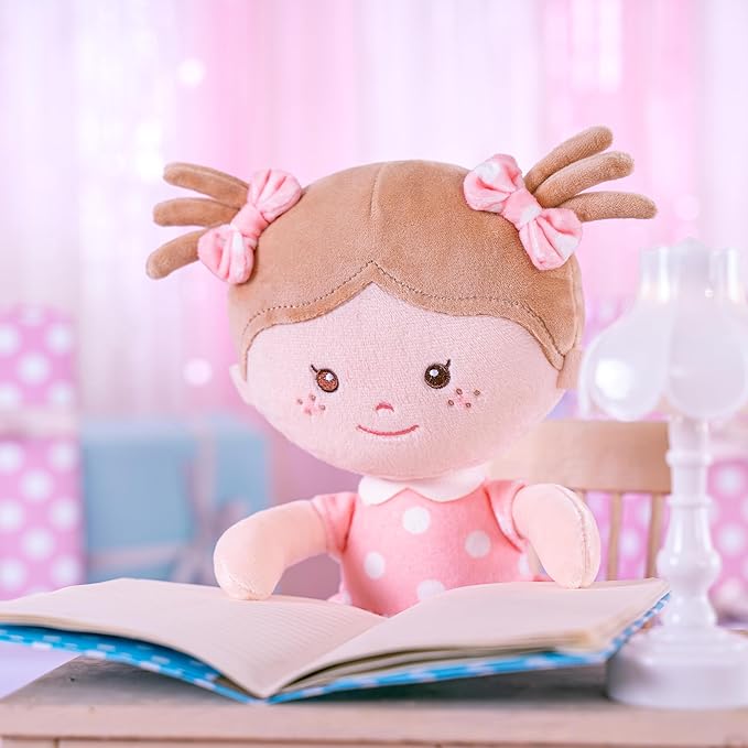 Onetoo Plush Rag Doll Sleeping Cuddle Buddy Doll Soft Baby Doll First Baby Doll Wear Coral Polka Dot Dress 14"（Milly Series）