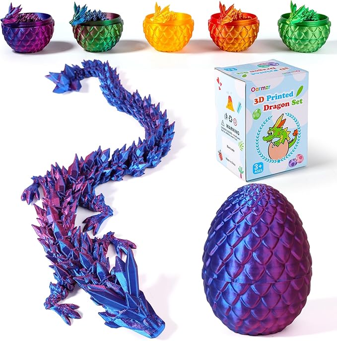 12''3D Printed Dragon and 4.73''Egg - 3D Printed Toys, Articulated Crystal Dragon Egg with Dragons Inside Fidget Toy, Decor Dragons Collectible Figurines(Blue Purple,12inch)