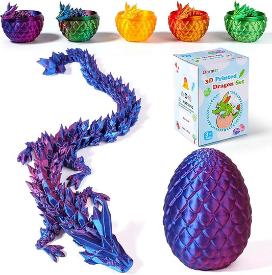 12''3D Printed Dragon and 4.73''Egg - 3D Printed Toys, Articulated Crystal Dragon Egg with Dragons Inside Fidget Toy, Decor Dragons Collectible Figurines(Blue Purple,12inch)