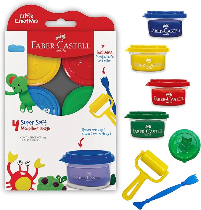 Faber-Castell Little Creatives Super Soft Modeling Dough: 4 Classic Colors and Play Dough Accessories, Non Toxic Playdough Kit for Toddlers, Gifts for Kids and Preschool (Ages 3+)