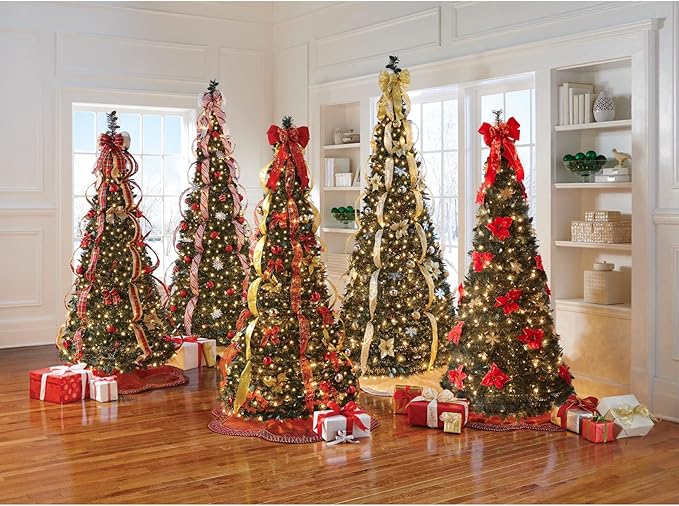 BrylaneHome 6 Ft Fully Decorated Pre-Lit Pop-Up Christmas Tree with 350 Warm Lights & Included Stand, Collapsible, Easy Assembly - Multi Color Lights