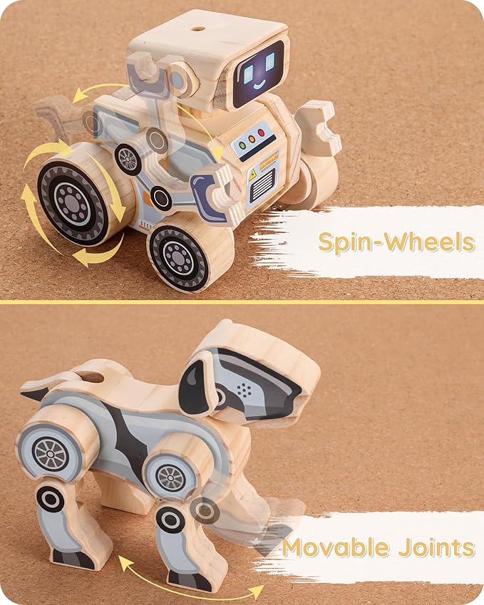 SainSmart Jr. 2-in-1 STEM Kits, Wooden Robot Assembly Toy Set, Woodworking Crafts Projects for Kids, Gift for Boys and Girls