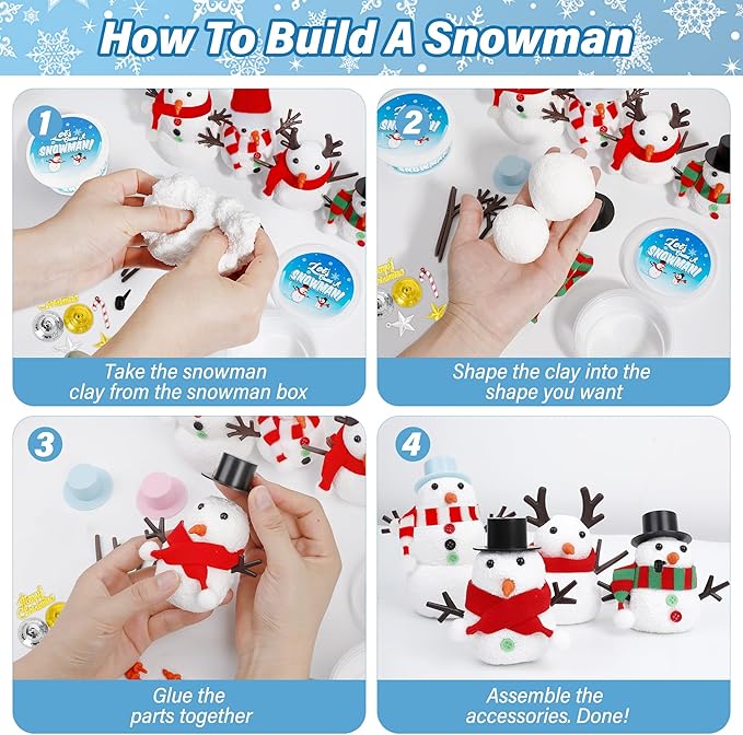 24 Pack Build a Snowman Kit, Snowman Kit Inspiring DIY Christmas Crafts for Kids, Creative Air Dry Clay Modeling Indoor Decorations, Kids Christmas Snowman Crafts Gift for School Winter Party Fun
