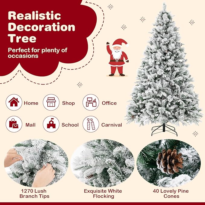 GOFLAME 7 FT Artificial Christmas Tree with Pine Needles, Snow Flocked Xmas Tree with 1270 PE & PVC Branch Tips, 320 LED Lights & 40 Pine Cones, Hinged Decoration Tree with 8 Lighting Modes