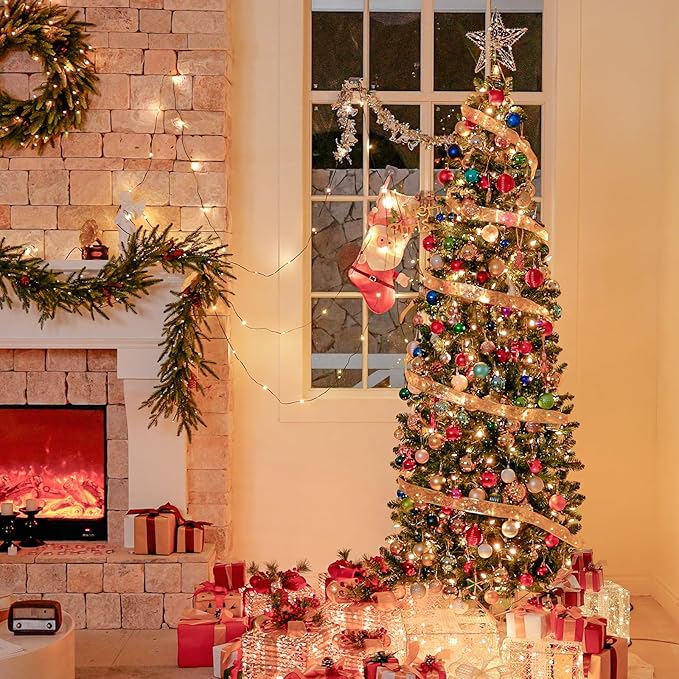 Hykolity 7.5 ft Prelit Pencil Slim Christmas Tree, 792 Branch Tips, 300 Color Changing LED Lights for Decoration, Metal Stand and Hinged Branches, 10 Color Modes