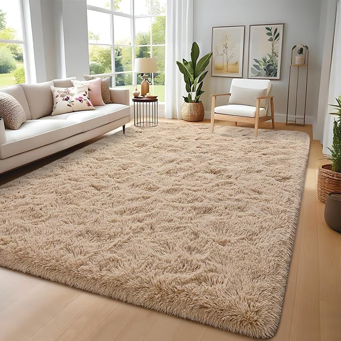 Nuttumico Fluffy Beige 8x10 ft Large Area Rugs for Living Room, Big Shaggy Floor Rug, Soft Plush Non-Slip Rectangle Carpet for Home Decor