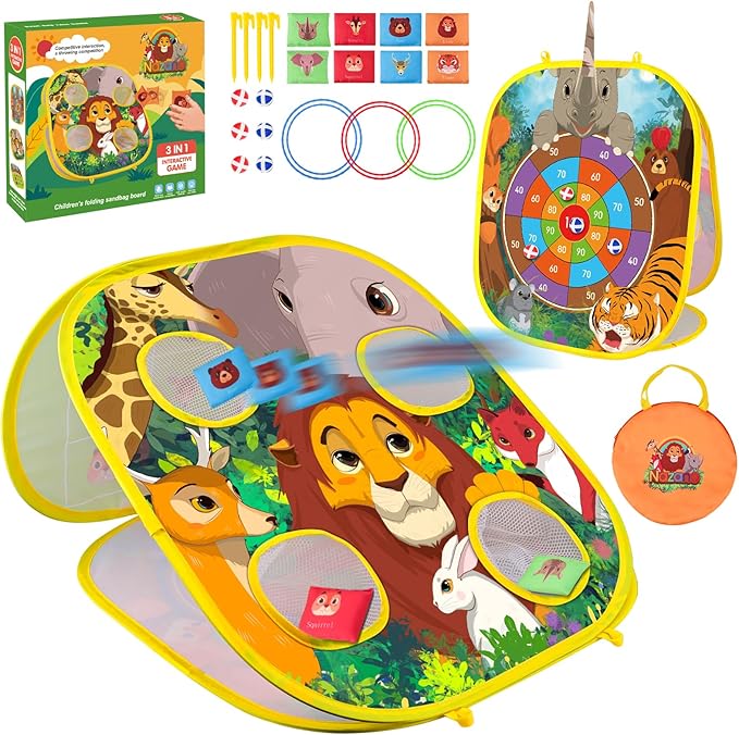 4 in 1 Double-Sided Foldable Cornhole Bean Bag Toss Game Set with Accessories for Kids, Ages 3-6
