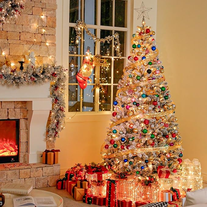 Hykolity 6ft Pre-lit Snow-Flocked Christmas Tree, Artificial Holiday Christmas Tree with 250 Warm White Lights, 1032 Branch Tips, Hinged Design & Metal Base