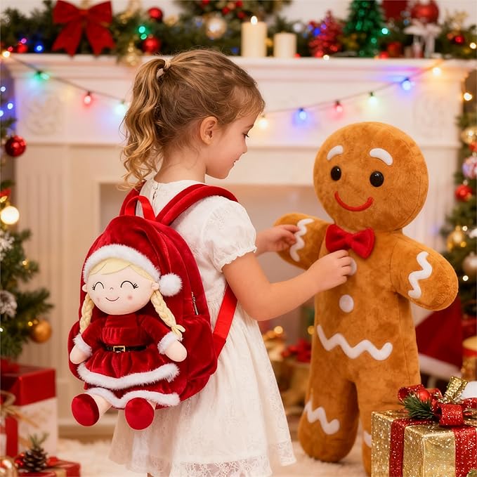 Gloveleya Plush Backpacks Toddler Backpack Removable Doll and Backpack Christmas Gifts Baby Girl Gift For 2 to 8 Years Girl Birthday Gifts With Red Doll
